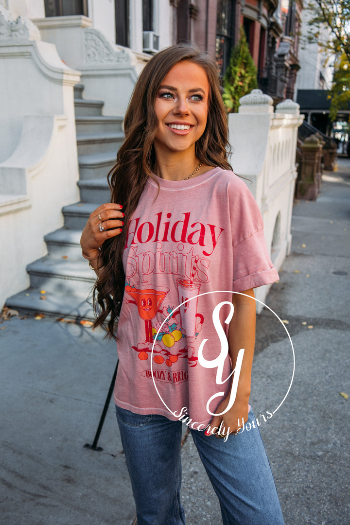 Holiday Spirits Graphic Tee - Dusty Pink