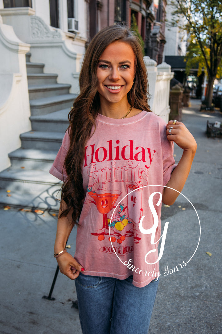 Holiday Spirits Graphic Tee - Dusty Pink