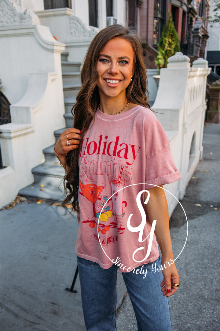 Holiday Spirits Graphic Tee - Dusty Pink