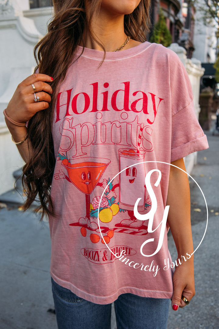 Holiday Spirits Graphic Tee - Dusty Pink