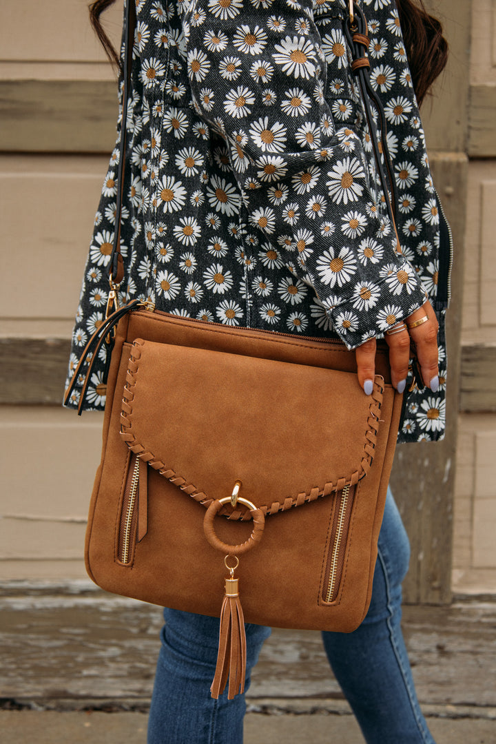 Layla Faux Suede Whipstitch Crossbody -Brown