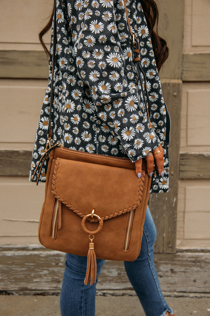 Layla Faux Suede Whipstitch Crossbody -Brown