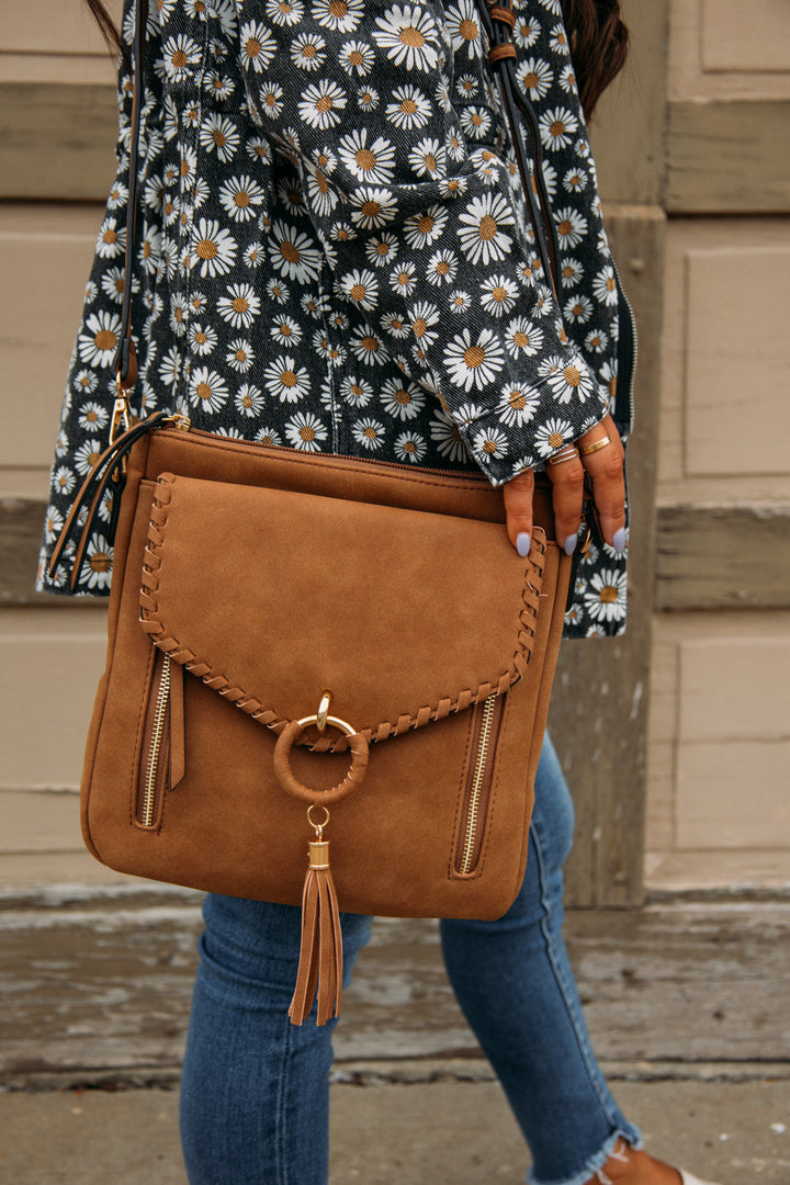 Layla Faux Suede Whipstitch Crossbody -Brown