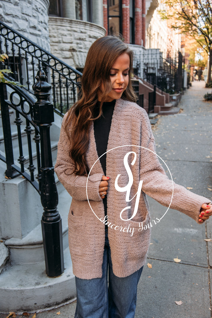 Barefoot Dreams:  CozyChic Boucle Welt Pocket Cardigan - Deep Taupe