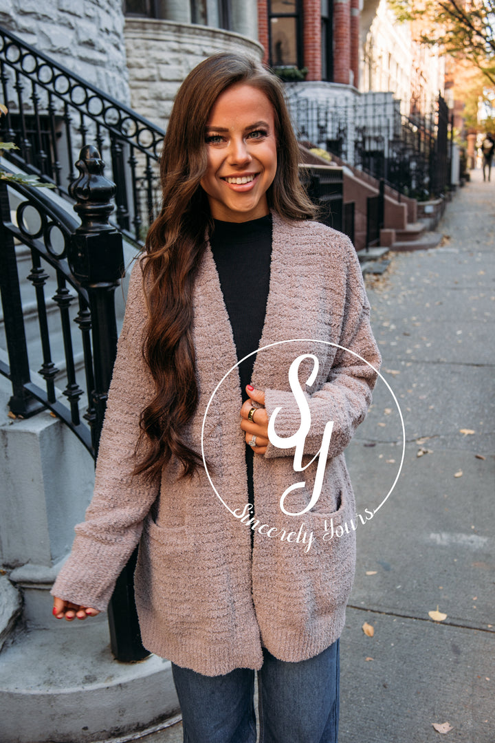 Barefoot Dreams:  CozyChic Boucle Welt Pocket Cardigan - Deep Taupe