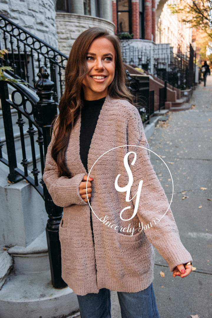 Barefoot Dreams:  CozyChic Boucle Welt Pocket Cardigan - Deep Taupe