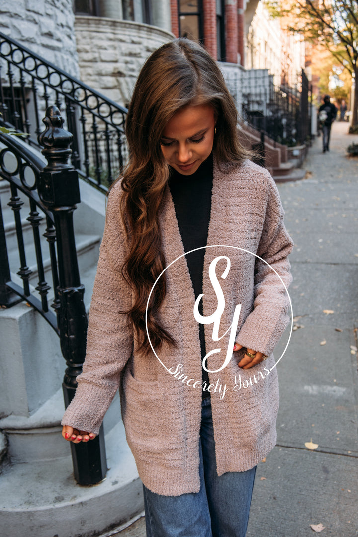 Barefoot Dreams:  CozyChic Boucle Welt Pocket Cardigan - Deep Taupe