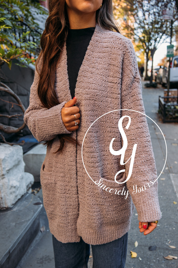 Barefoot Dreams:  CozyChic Boucle Welt Pocket Cardigan - Deep Taupe