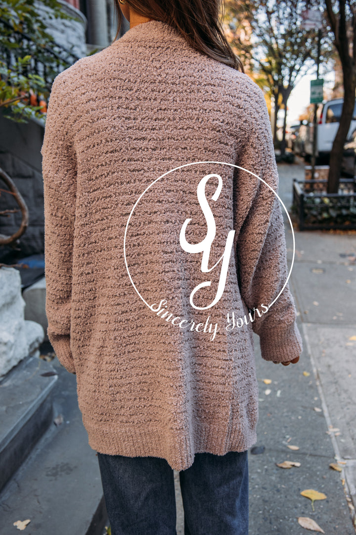 Barefoot Dreams:  CozyChic Boucle Welt Pocket Cardigan - Deep Taupe