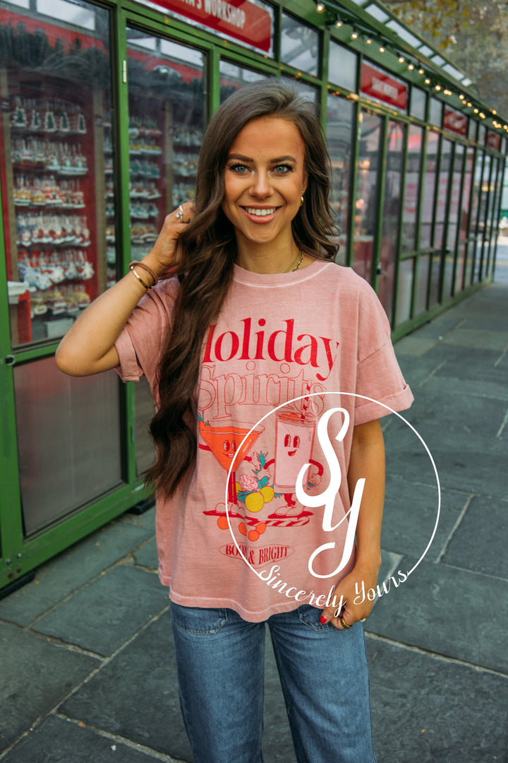 Holiday Spirits Graphic Tee - Dusty Pink