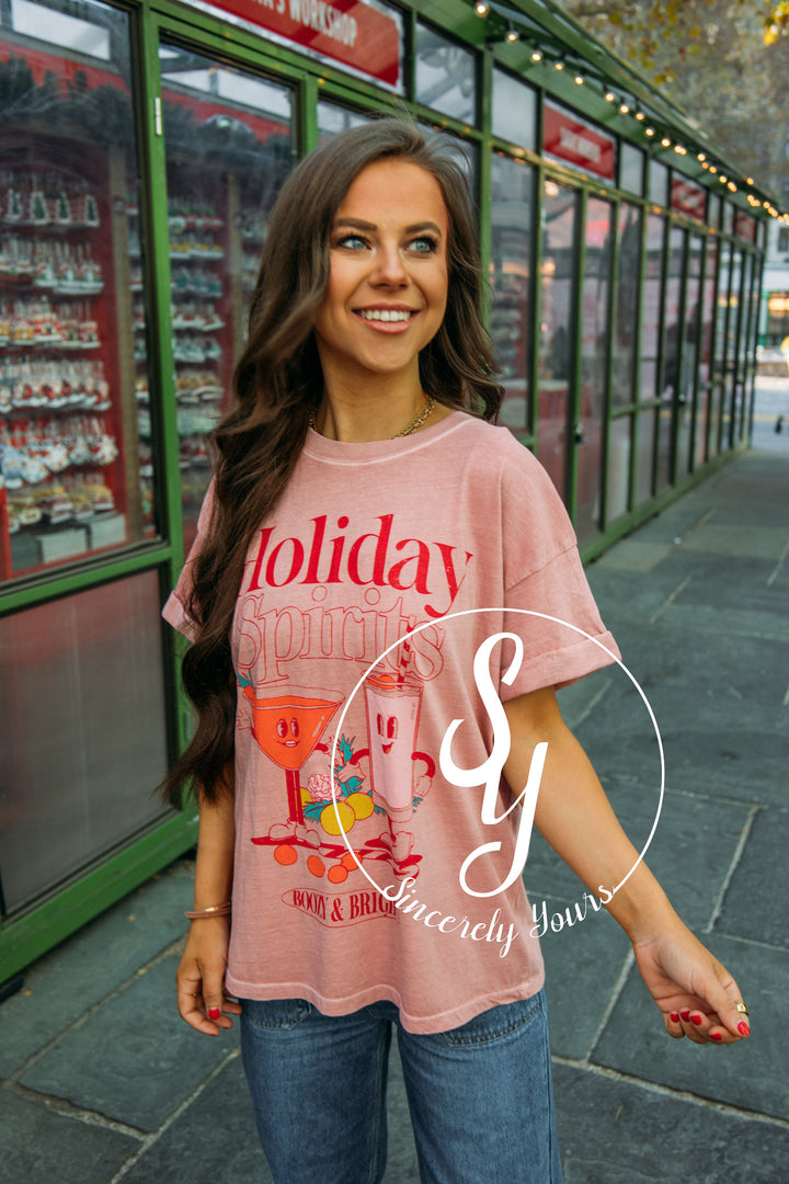 Holiday Spirits Graphic Tee - Dusty Pink