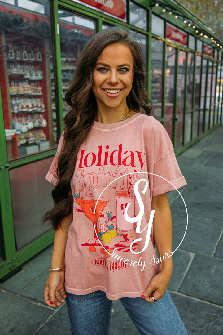 Holiday Spirits Graphic Tee - Dusty Pink