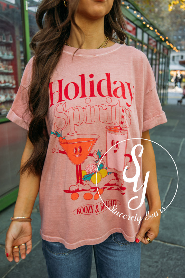 Holiday Spirits Graphic Tee - Dusty Pink