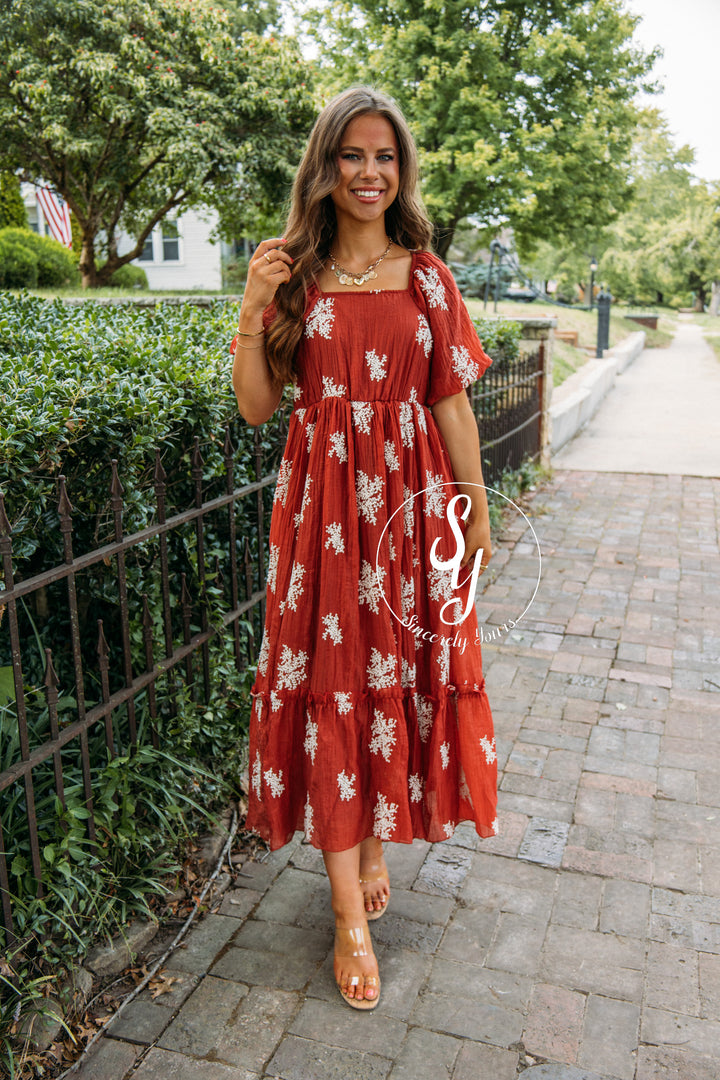 Long Time Coming Dress-Rust