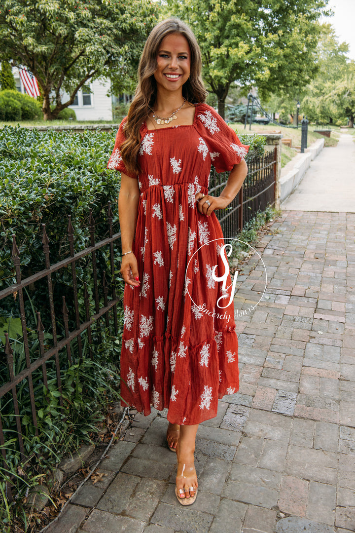 Long Time Coming Dress-Rust