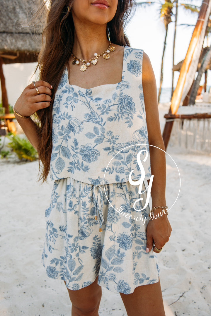 Rose Splash Romper- Blue Blossom