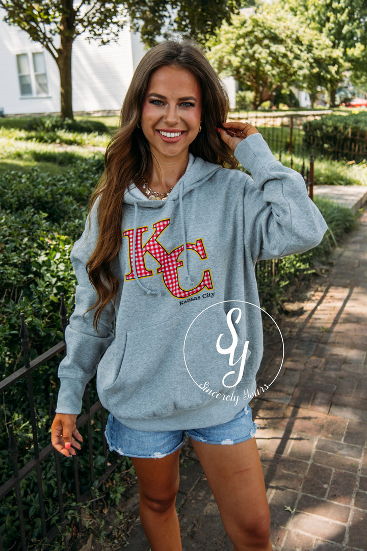 Kansas City Red Gingham Hoodie- Heather Grey