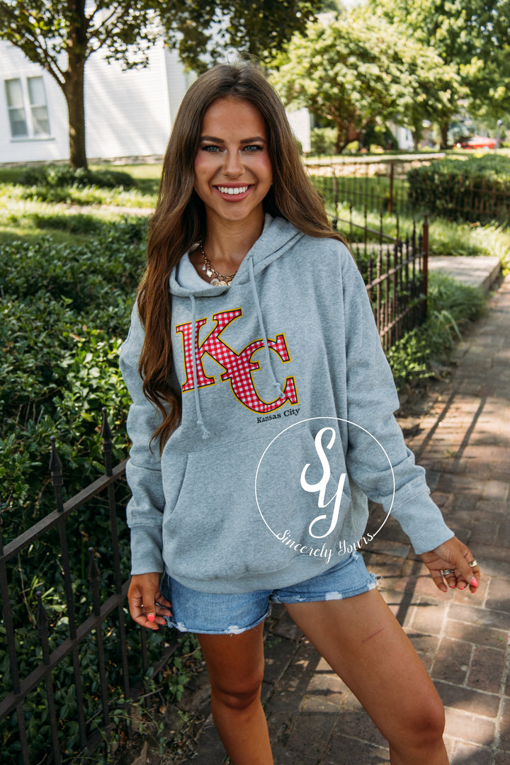 Kansas City Red Gingham Hoodie- Heather Grey