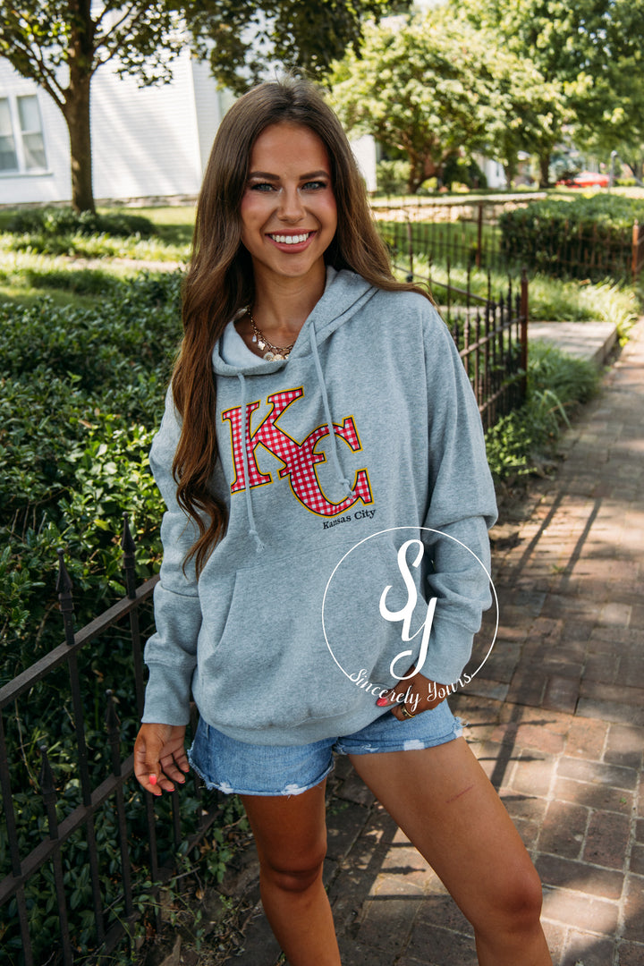 Kansas City Red Gingham Hoodie- Heather Grey