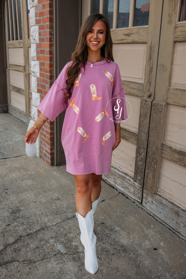 Western Boot T-Shirt Dress - Magenta