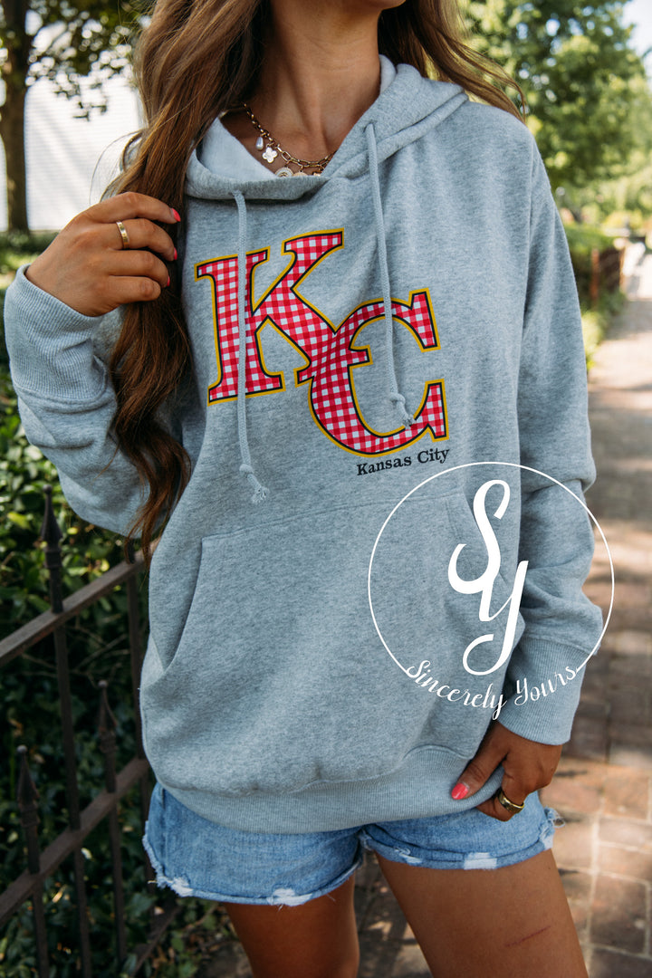 Kansas City Red Gingham Hoodie- Heather Grey