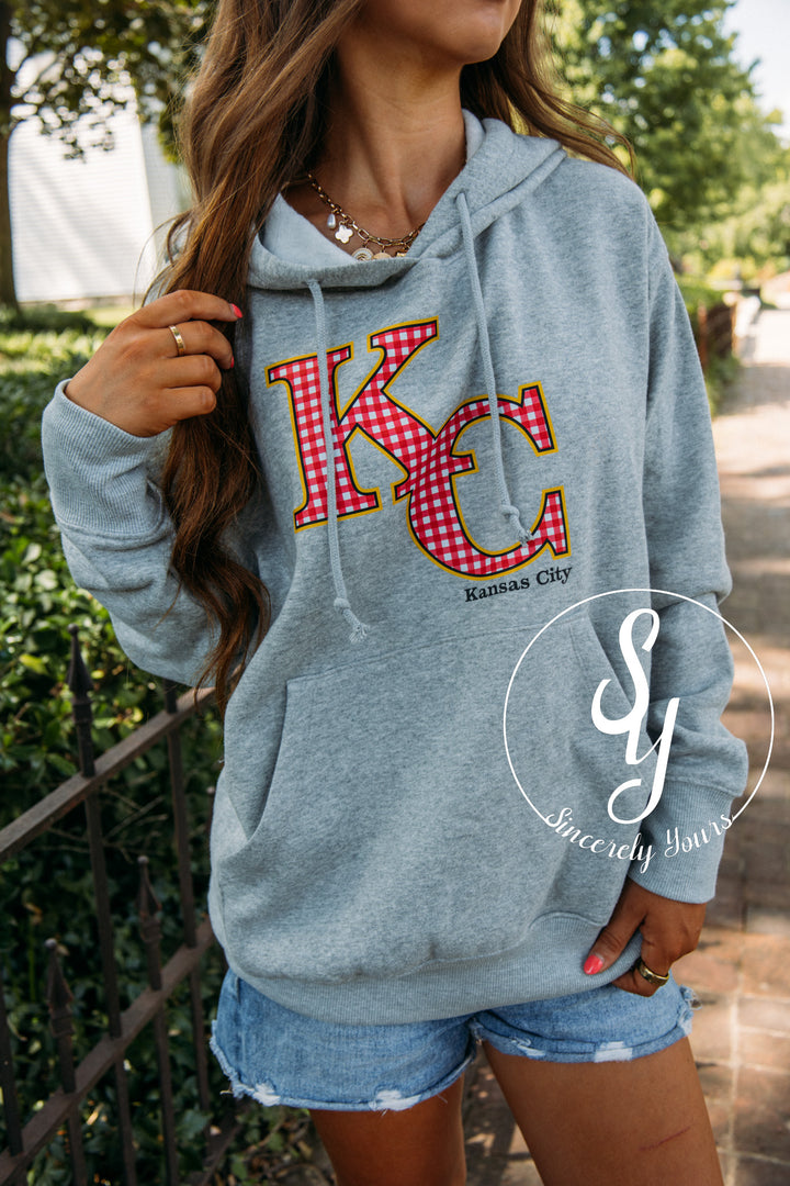 Kansas City Red Gingham Hoodie- Heather Grey