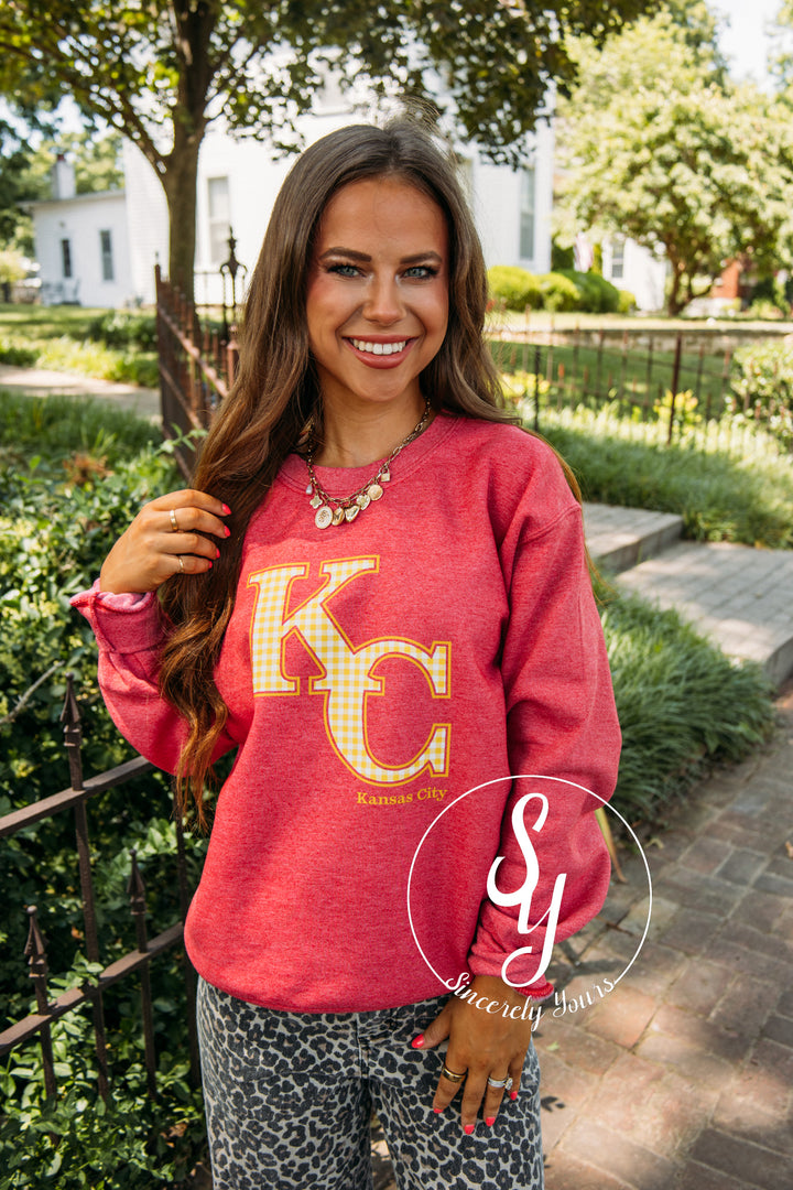 Kansas City Yellow Gingham Crewneck-Heather Scarlet Red