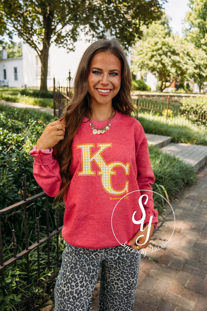 Kansas City Yellow Gingham Crewneck-Heather Scarlet Red