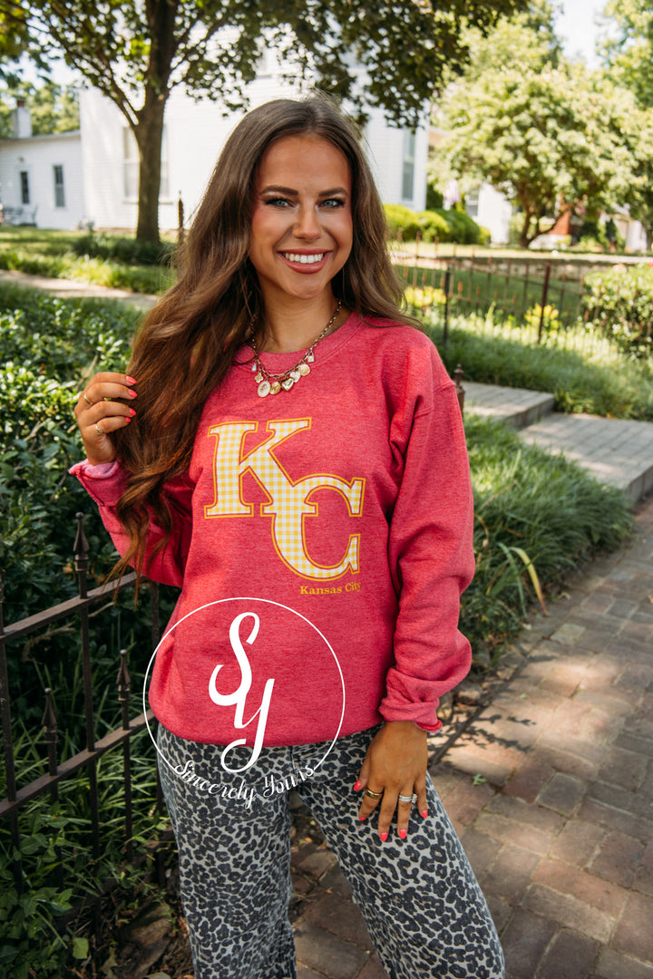 Kansas City Yellow Gingham Crewneck-Heather Scarlet Red