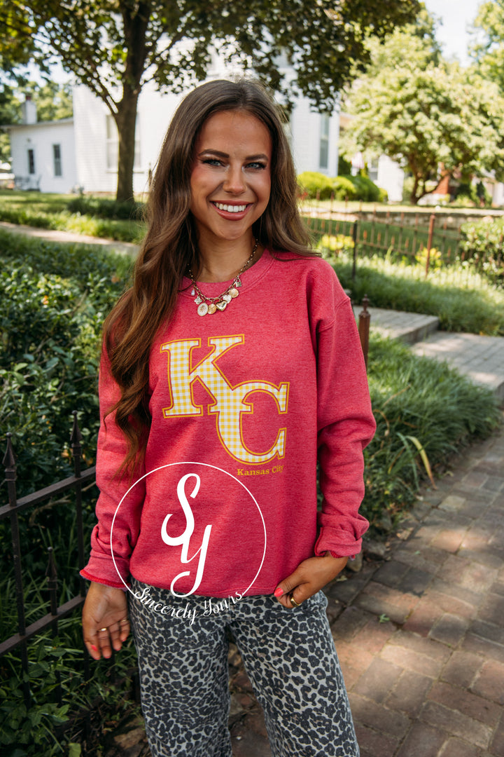 Kansas City Yellow Gingham Crewneck-Heather Scarlet Red