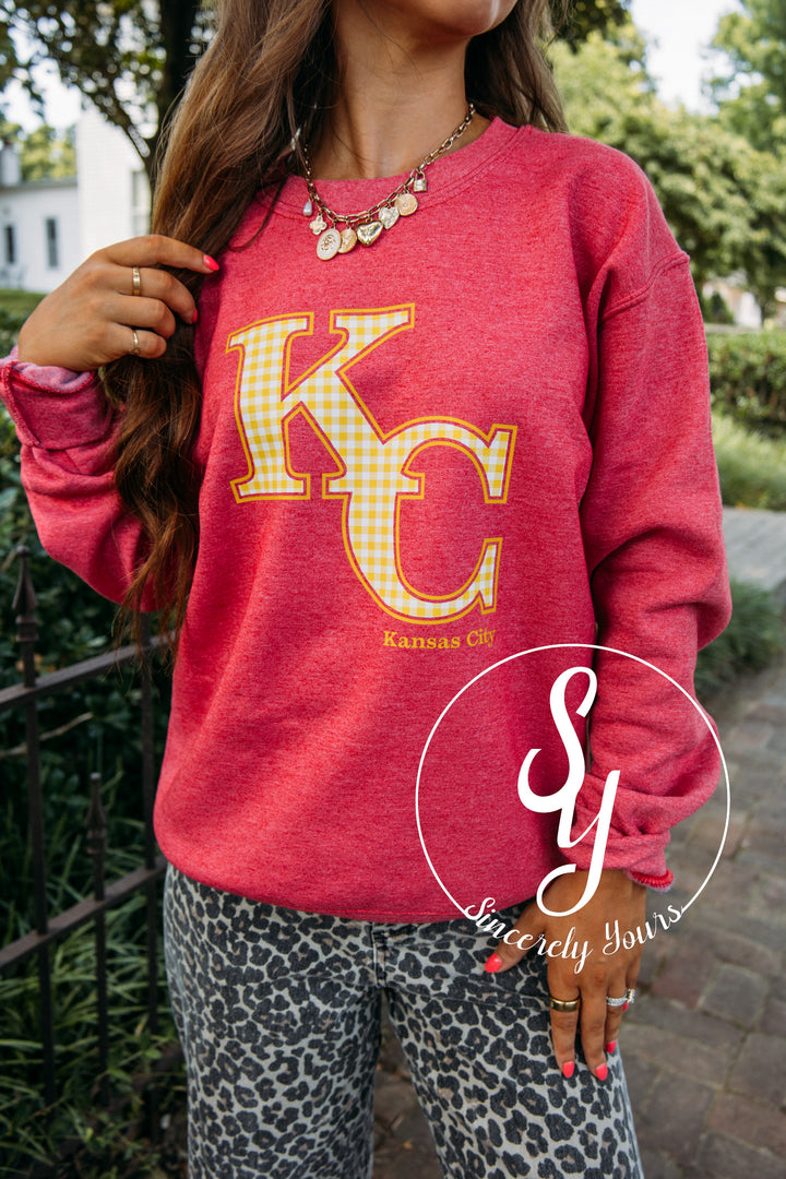 Kansas City Yellow Gingham Crewneck-Heather Scarlet Red