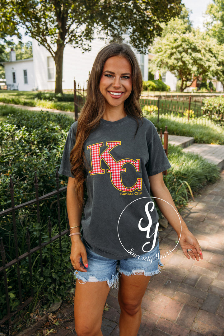 Kansas City Red Gingham Tee- Gray