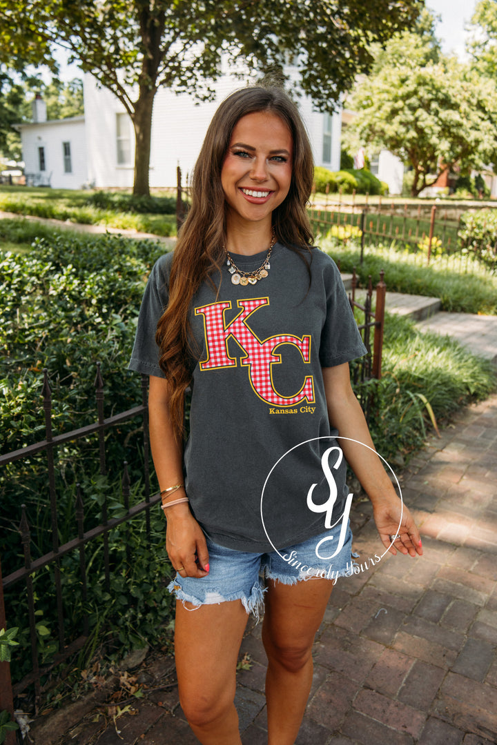 Kansas City Red Gingham Tee- Gray