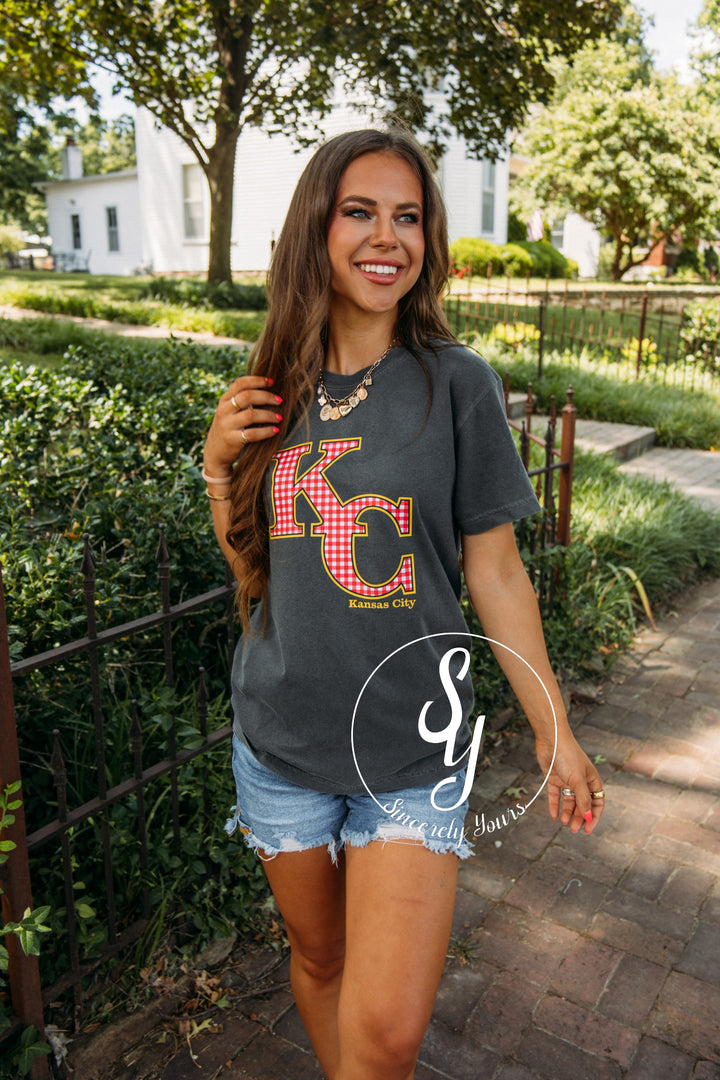 Kansas City Red Gingham Tee- Gray