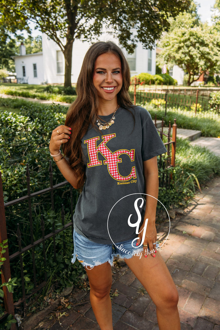Kansas City Red Gingham Tee- Gray