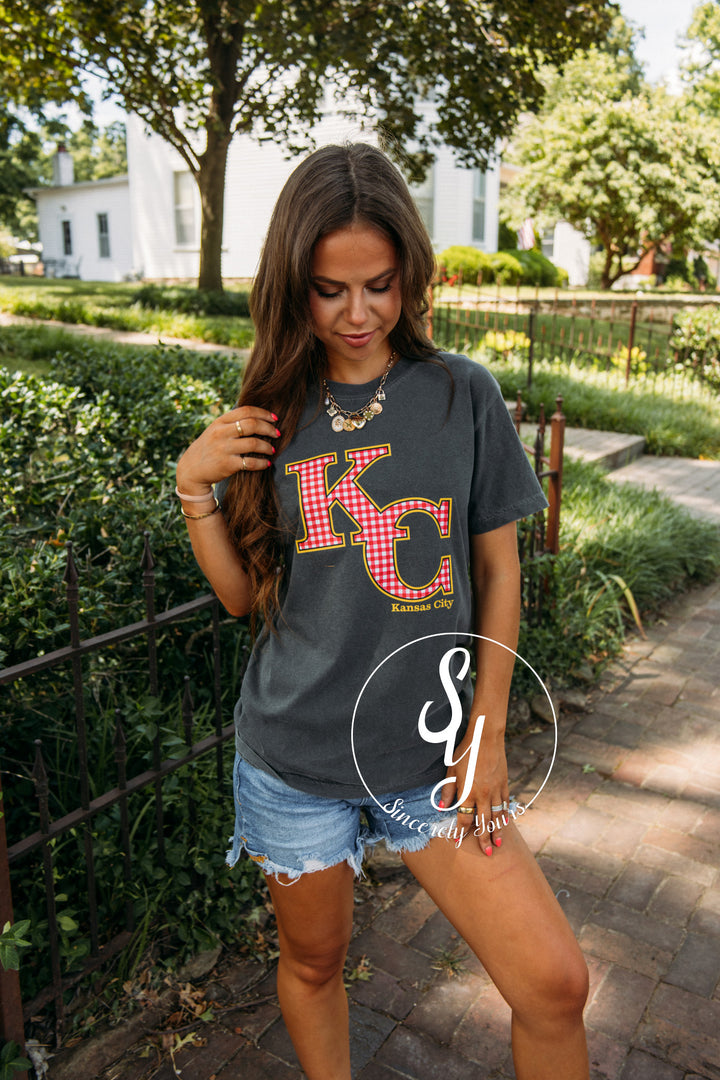 Kansas City Red Gingham Tee- Gray