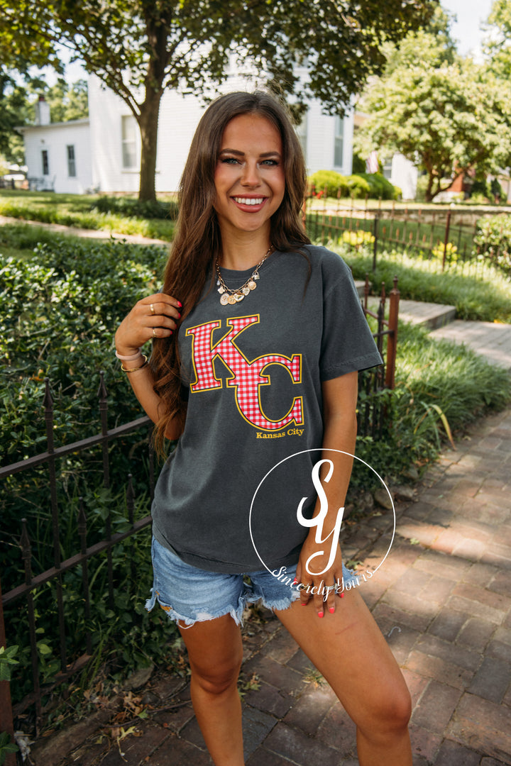 Kansas City Red Gingham Tee- Gray