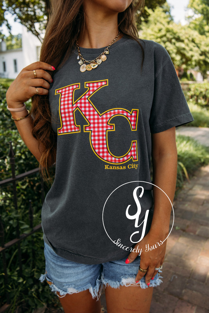 Kansas City Red Gingham Tee- Gray