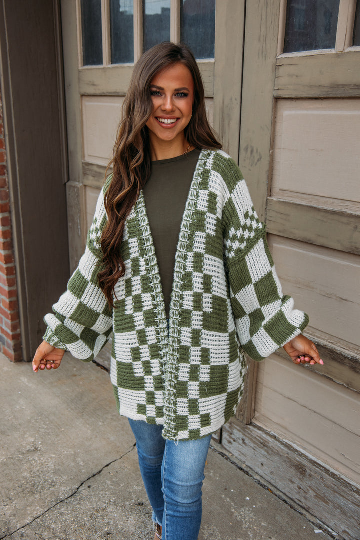 Song On Repeat Checkered Cardigan - Olive