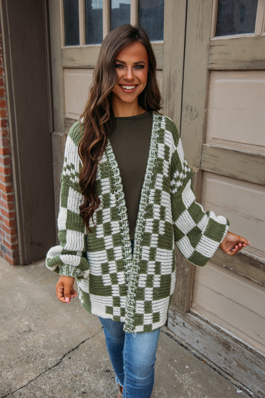 Song On Repeat Checkered Cardigan - Olive