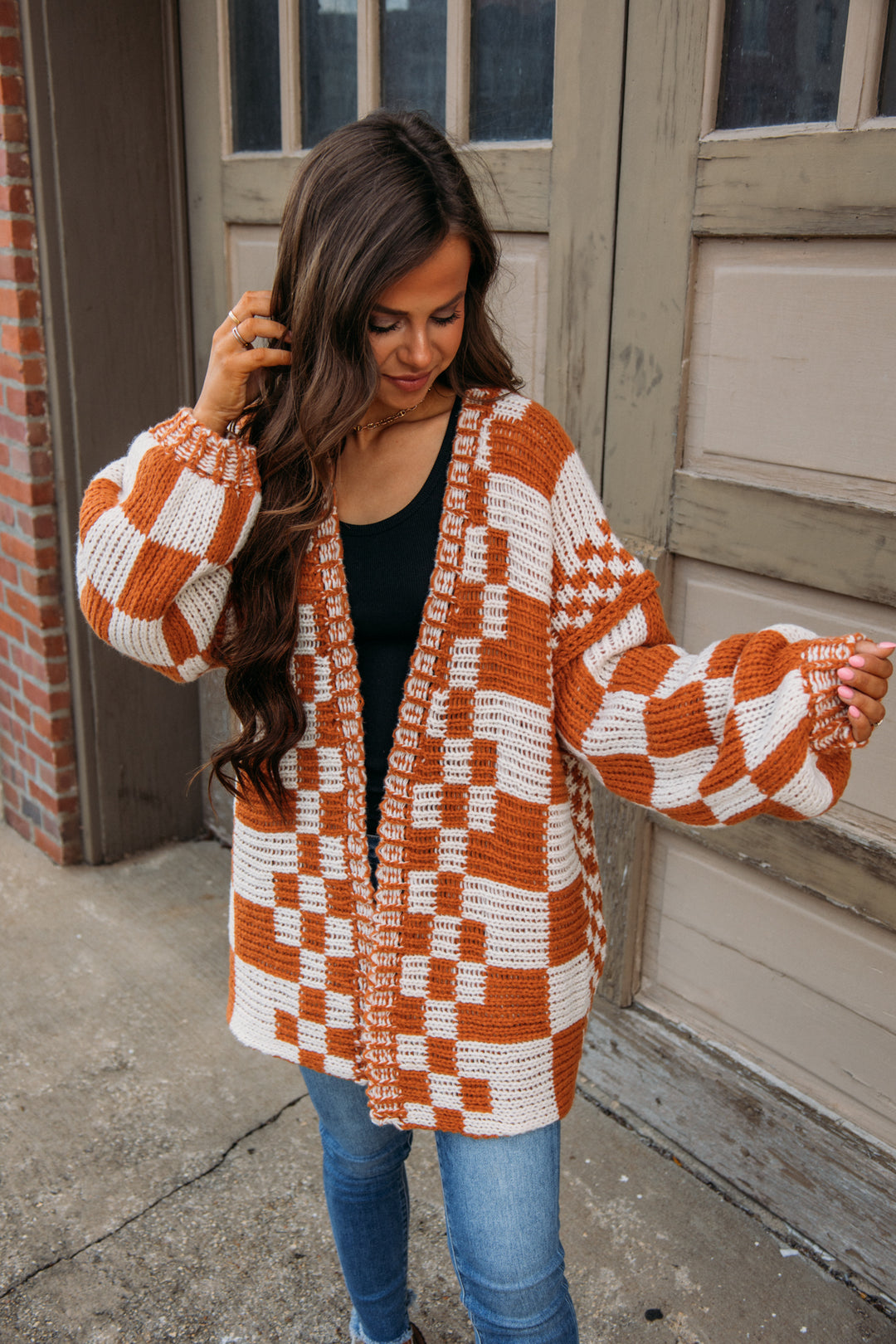 Song On Repeat Checkered Cardigan - Rust
