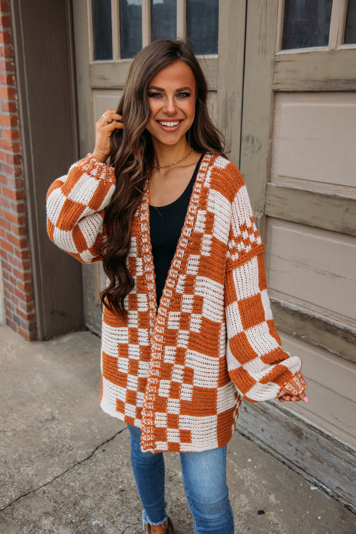 Song On Repeat Checkered Cardigan - Rust