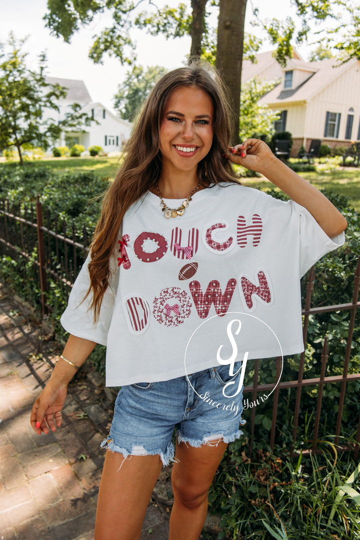 Touchdown Bow and Bling Top- White/Crimson