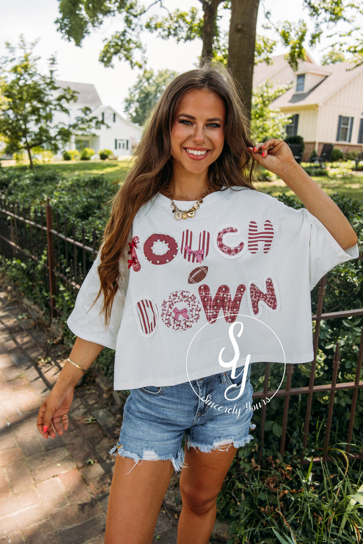 Touchdown Bow and Bling Top- White/Crimson