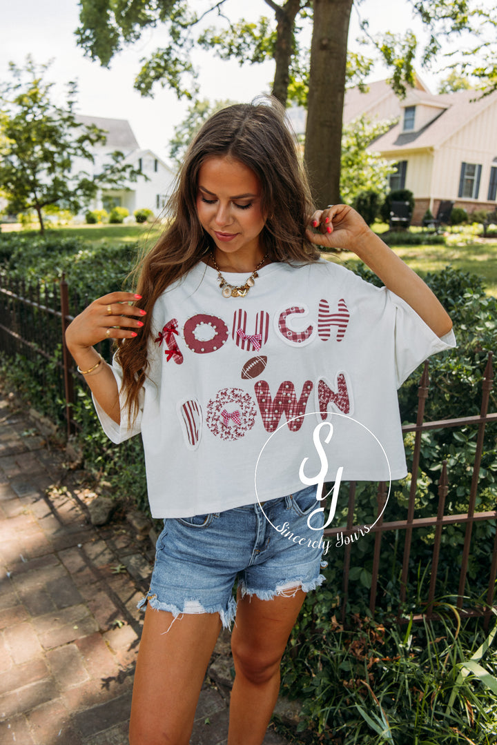 Touchdown Bow and Bling Top- White/Crimson