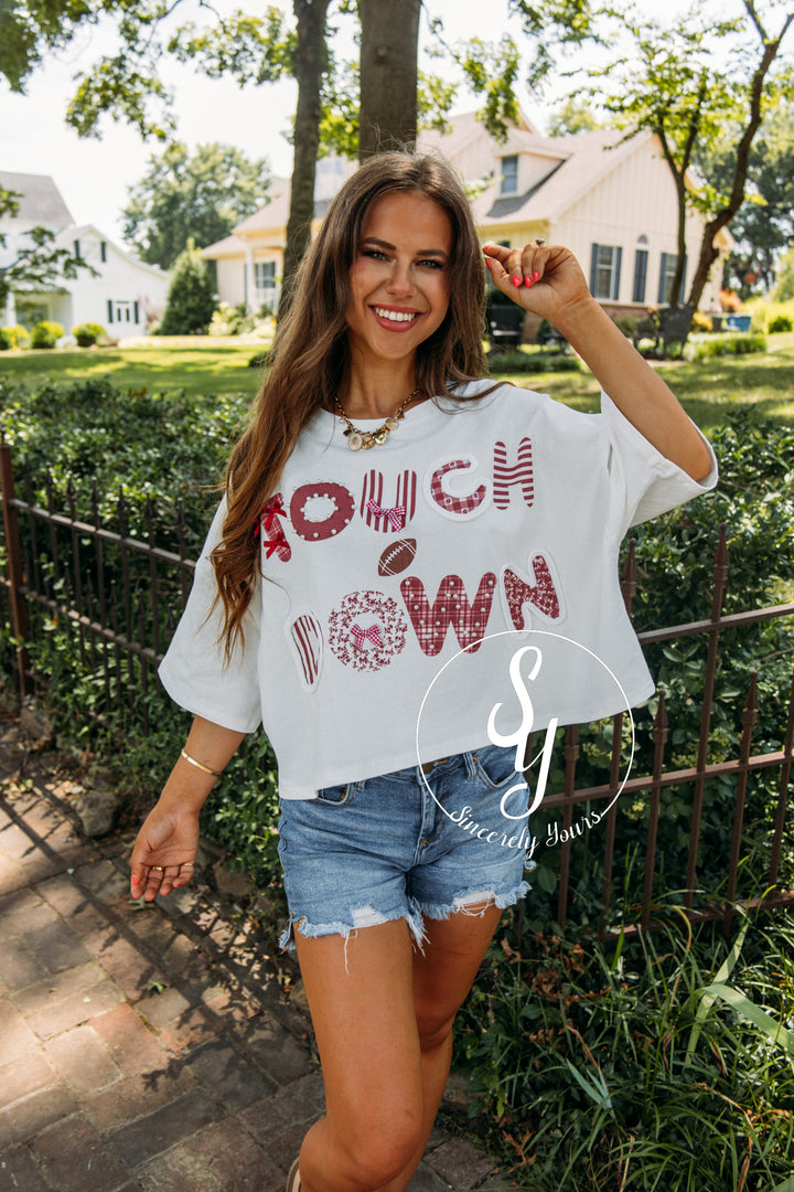Touchdown Bow and Bling Top- White/Crimson