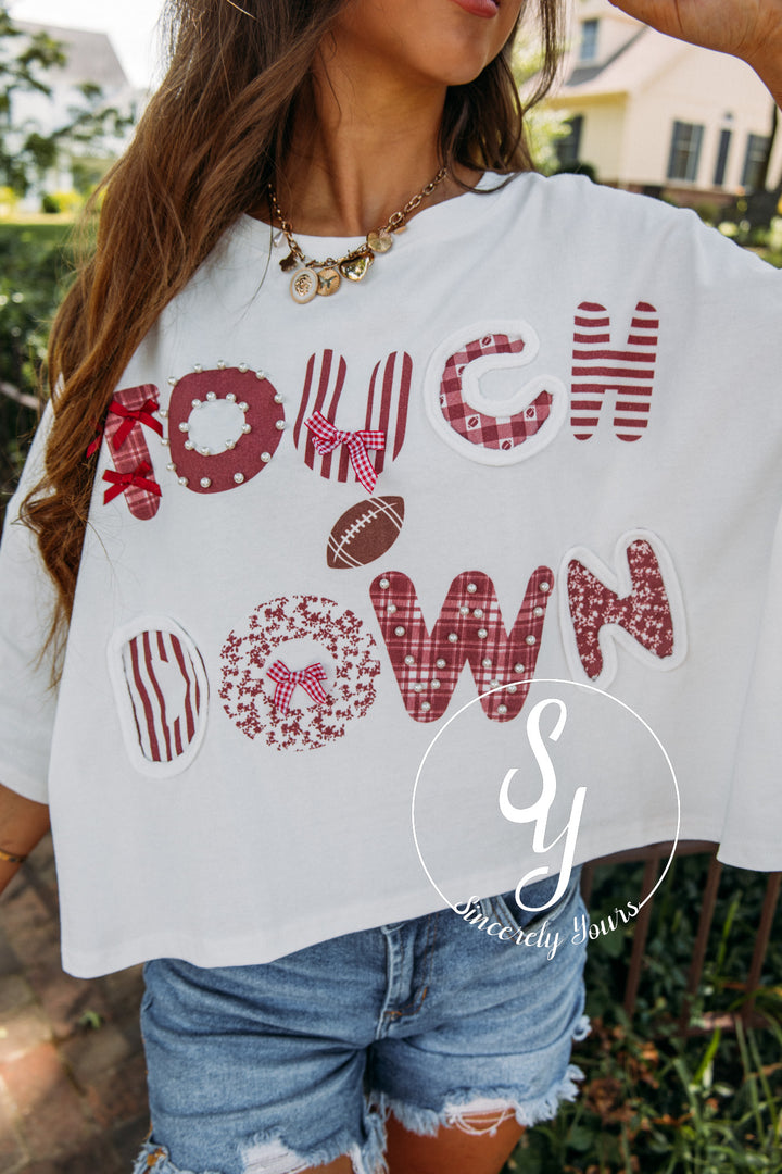 Touchdown Bow and Bling Top- White/Crimson