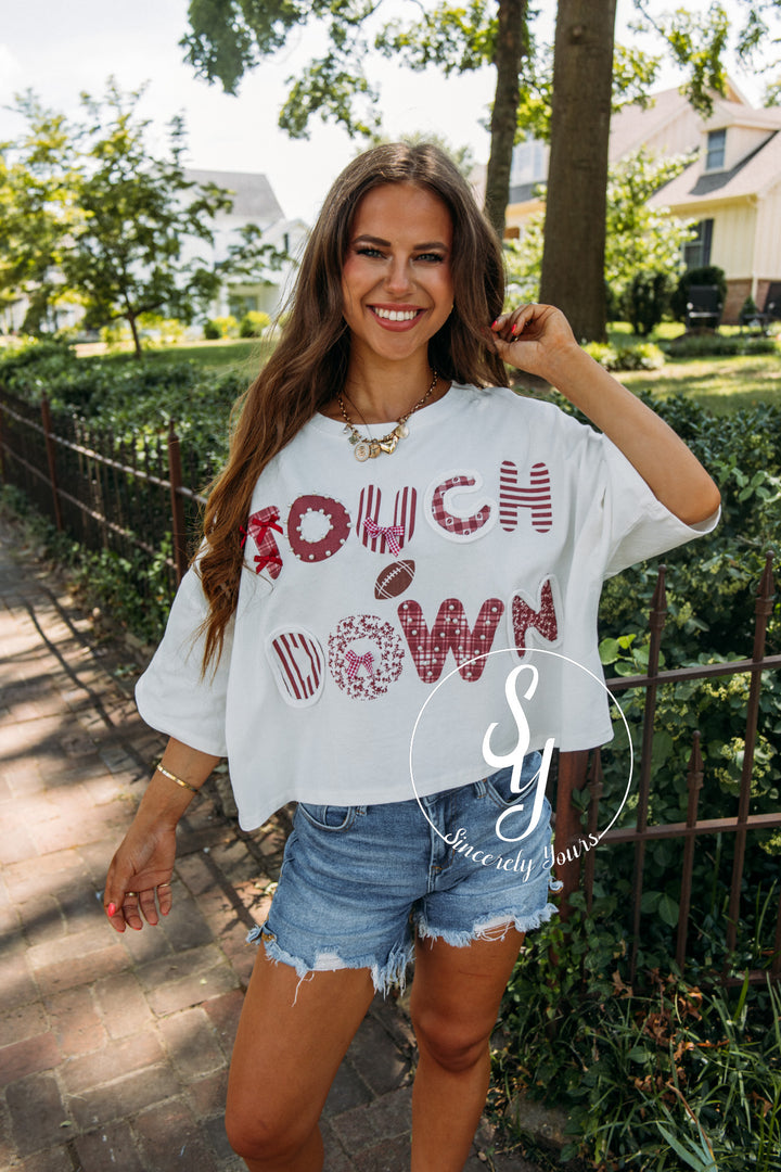 Touchdown Bow and Bling Top- White/Crimson