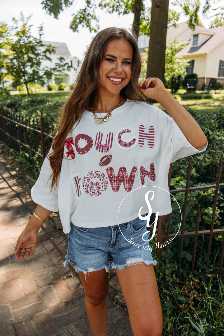 Touchdown Bow and Bling Top- White/Crimson