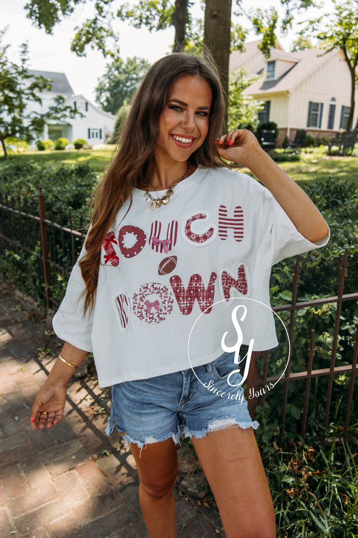 Touchdown Bow and Bling Top- White/Crimson